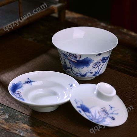 景德镇陶瓷三才盖碗茶杯 青花瓷薄胎三才杯功夫泡茶碗