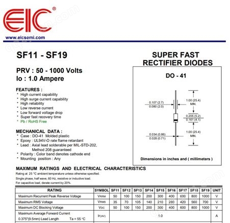 美国EIC代理SF12超高速整流二极管100V 1.0A