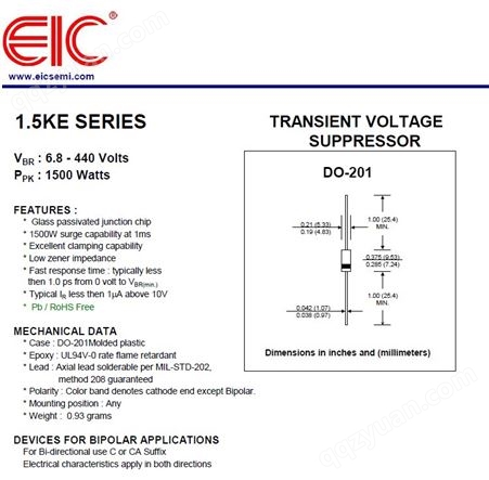 美国EIC瞬变抑制二极管1.5KE160A 1500W-BI 1.5KE系列