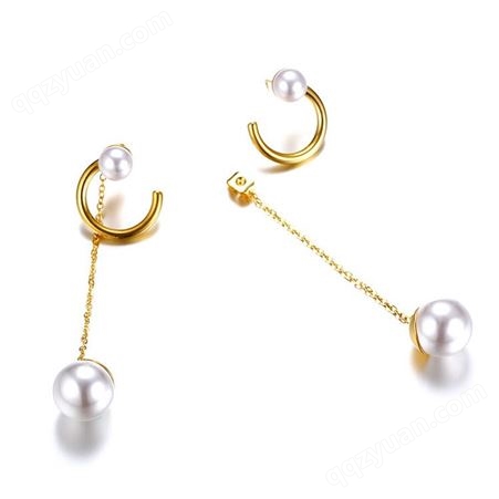 【今泊二】时尚新款日韩版镀18K钛钢耳环镶天然珍珠流苏耳环女气质耳环 珍珠耳环