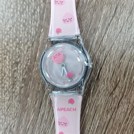 外贸环保材质塑胶爆款手表 可爱女生粉色卡通儿童手表 桃子印刷指针石英机芯手表 国美时